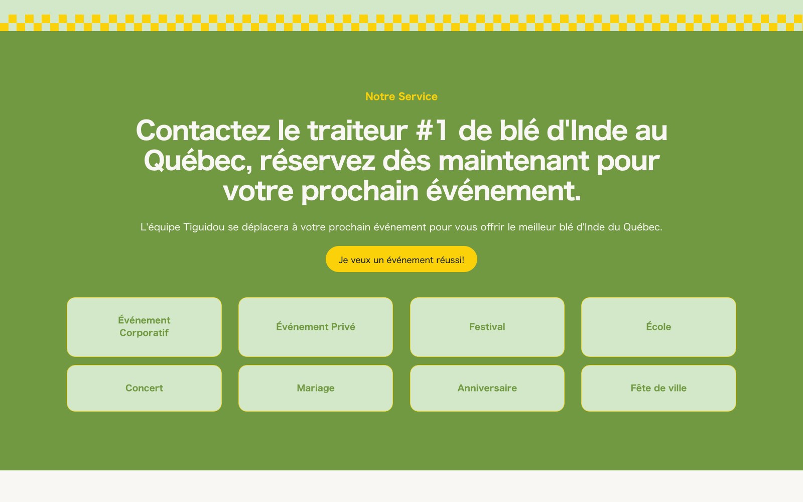 Blé d'Inde service page listing the eight event types Tiguidou caters
