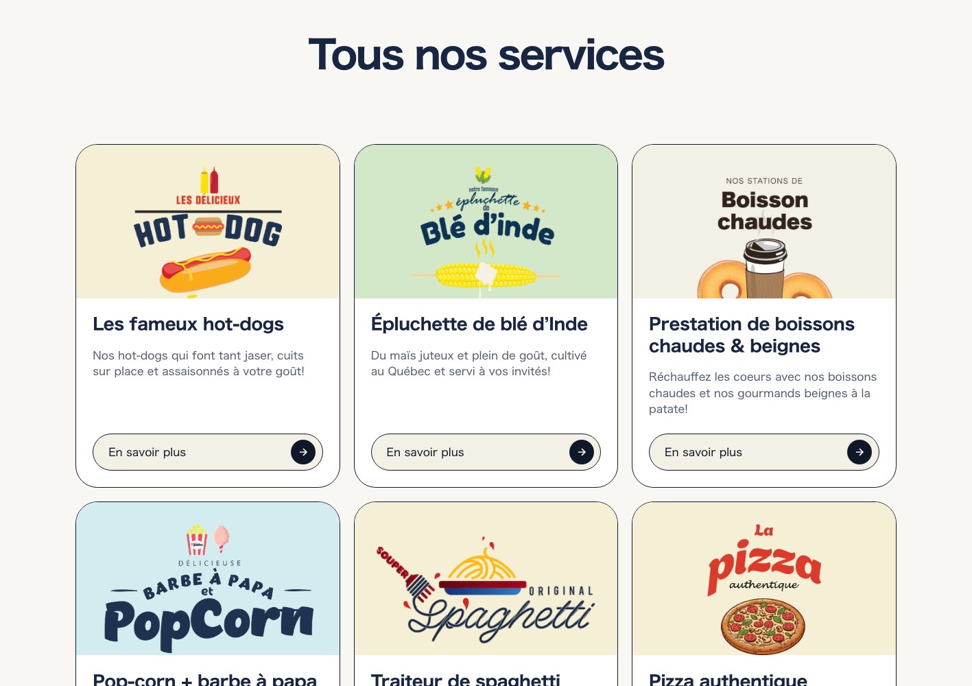 Services index grid, one illustrated card per catering concept