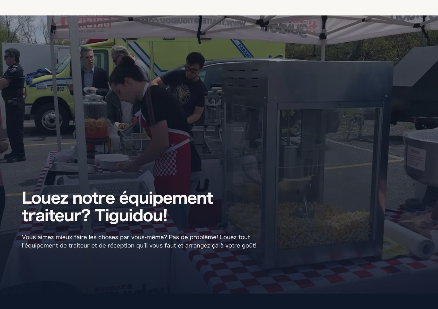 Equipment rental block on a dark full-bleed event photo