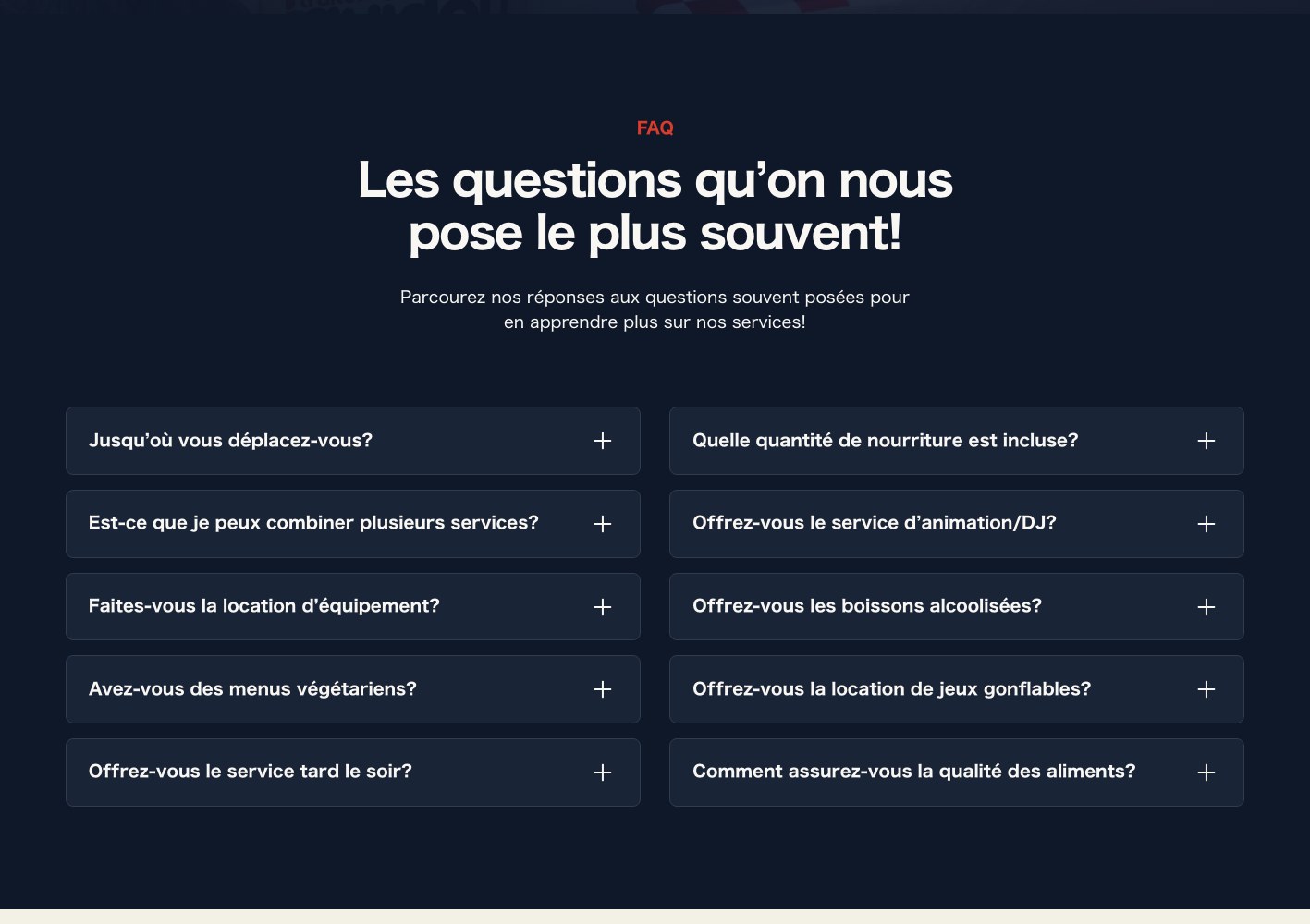Frequently asked questions accordion on the dark navy panel