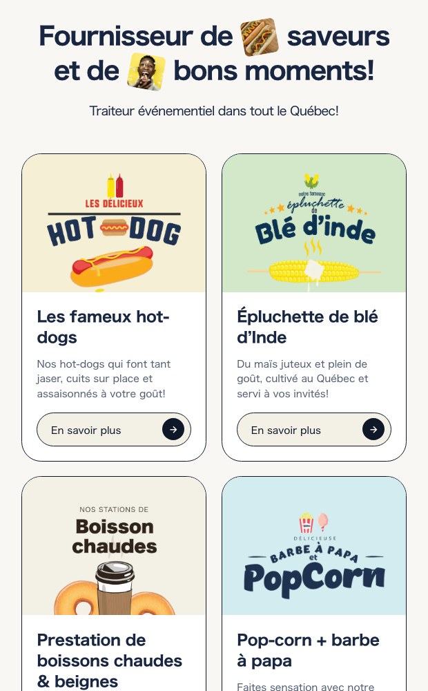 Mobile homepage with the stacked catering concept cards