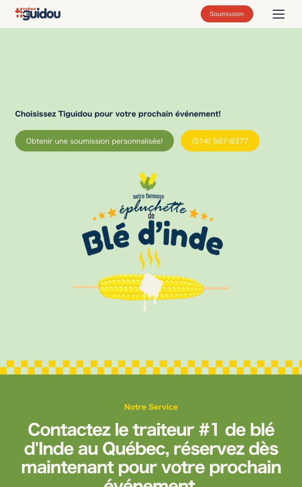 Mobile Blé d'Inde service page in its green colour world