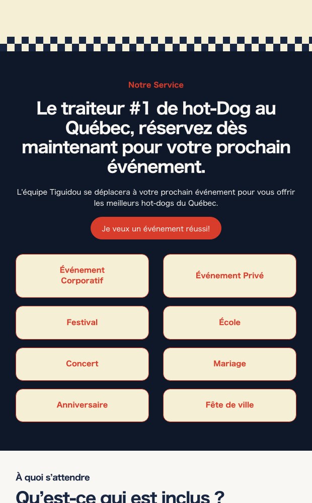 Mobile hot dog service page with its event type buttons
