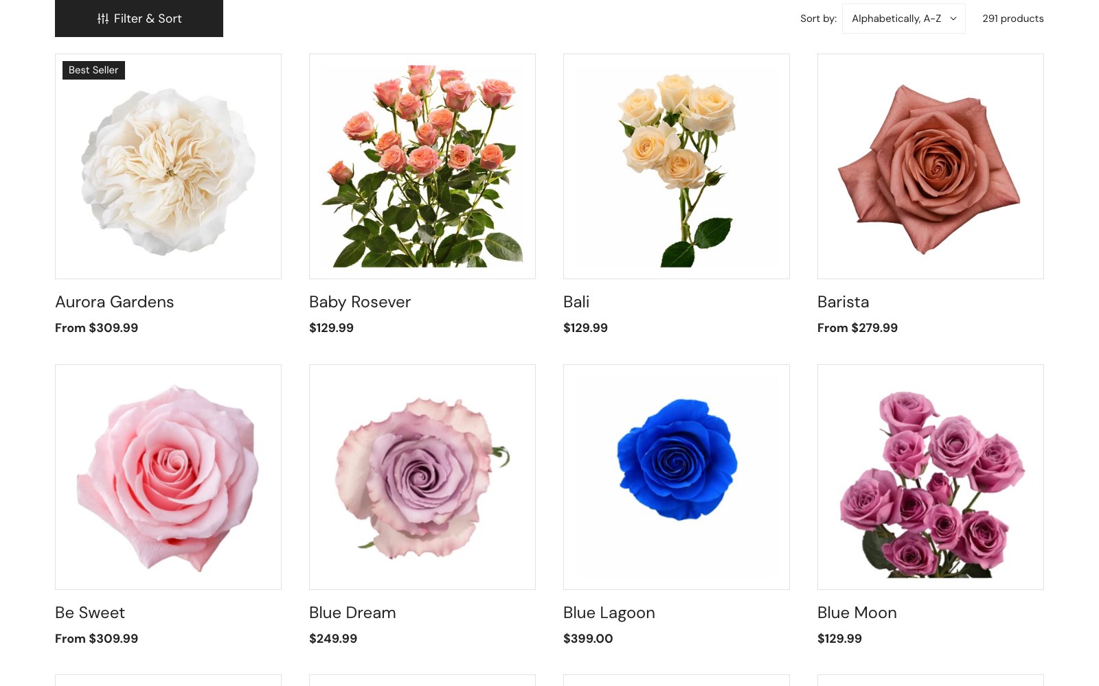 WholesaleRoses catalogue grid of named rose varieties with bulk pricing
