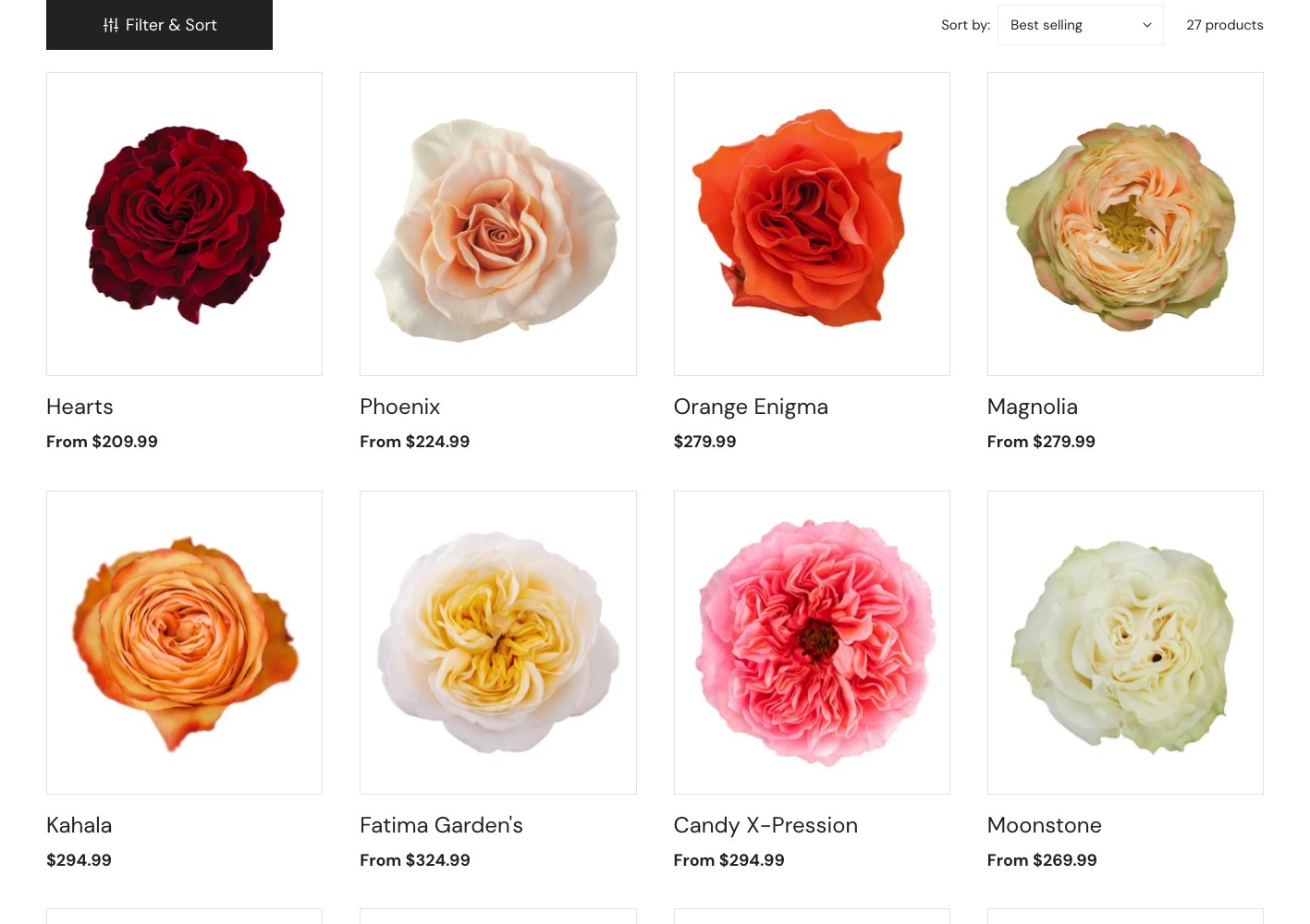 WholesaleRoses product grid of garden rose varieties with per-bunch prices