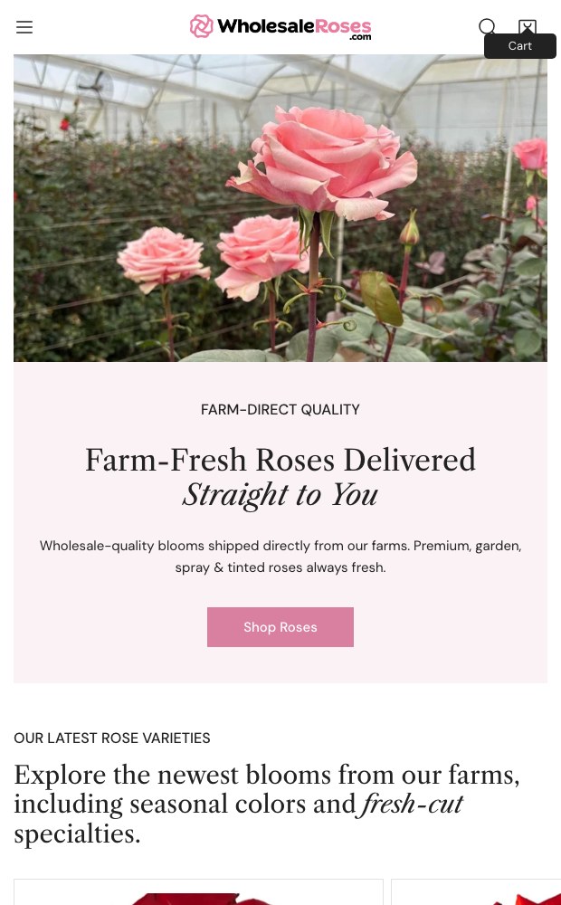 WholesaleRoses mobile layout — greenhouse hero and farm-direct quality headline