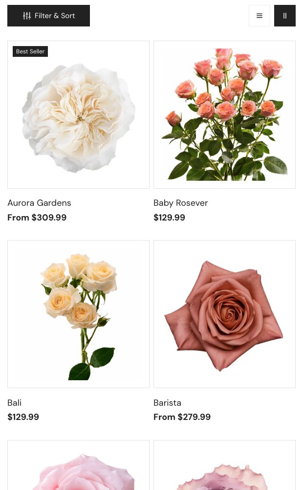 WholesaleRoses mobile layout — two-column rose variety grid