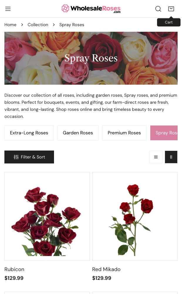 WholesaleRoses mobile layout — Spray Roses collection page