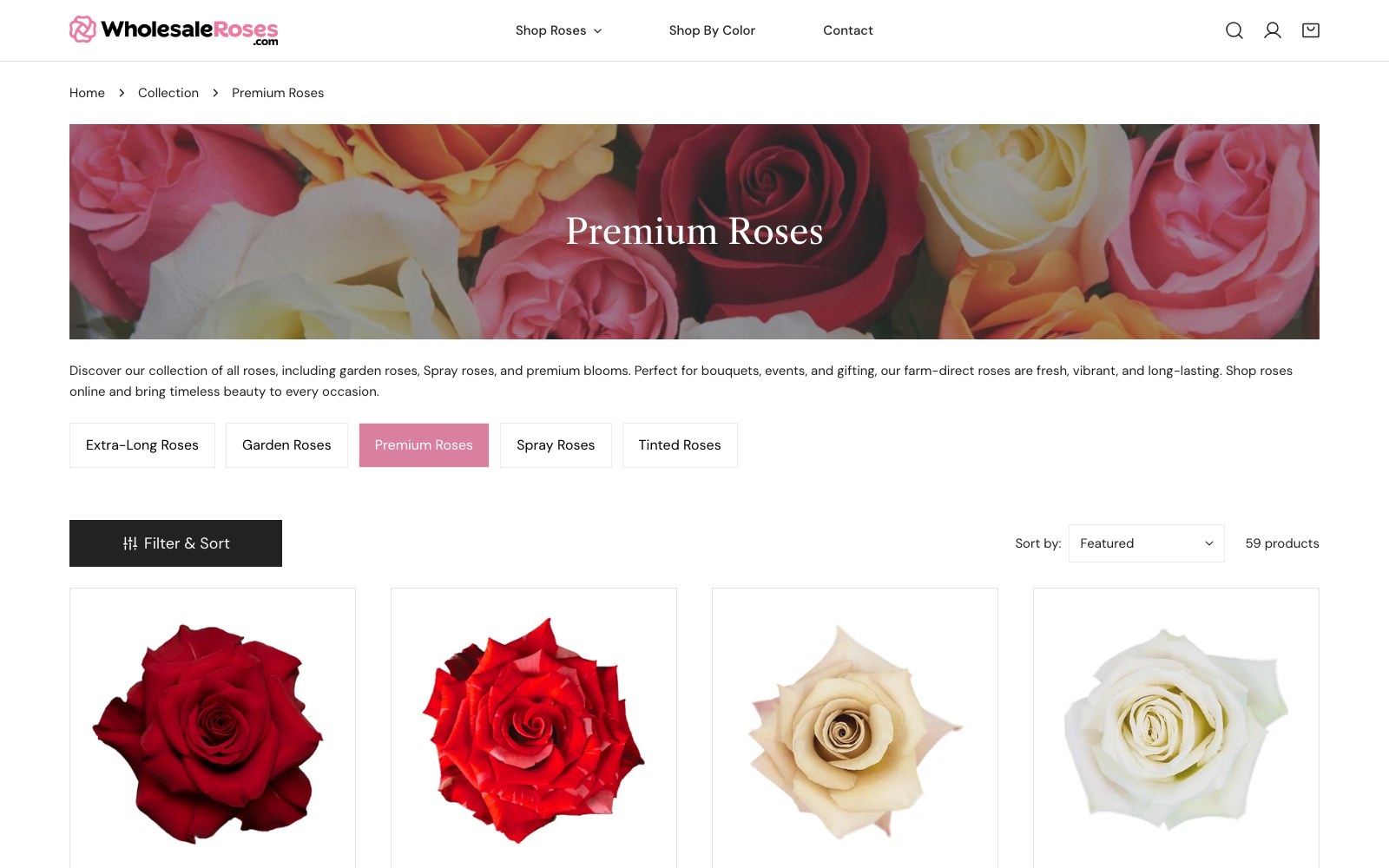 WholesaleRoses Premium Roses collection header and product grid