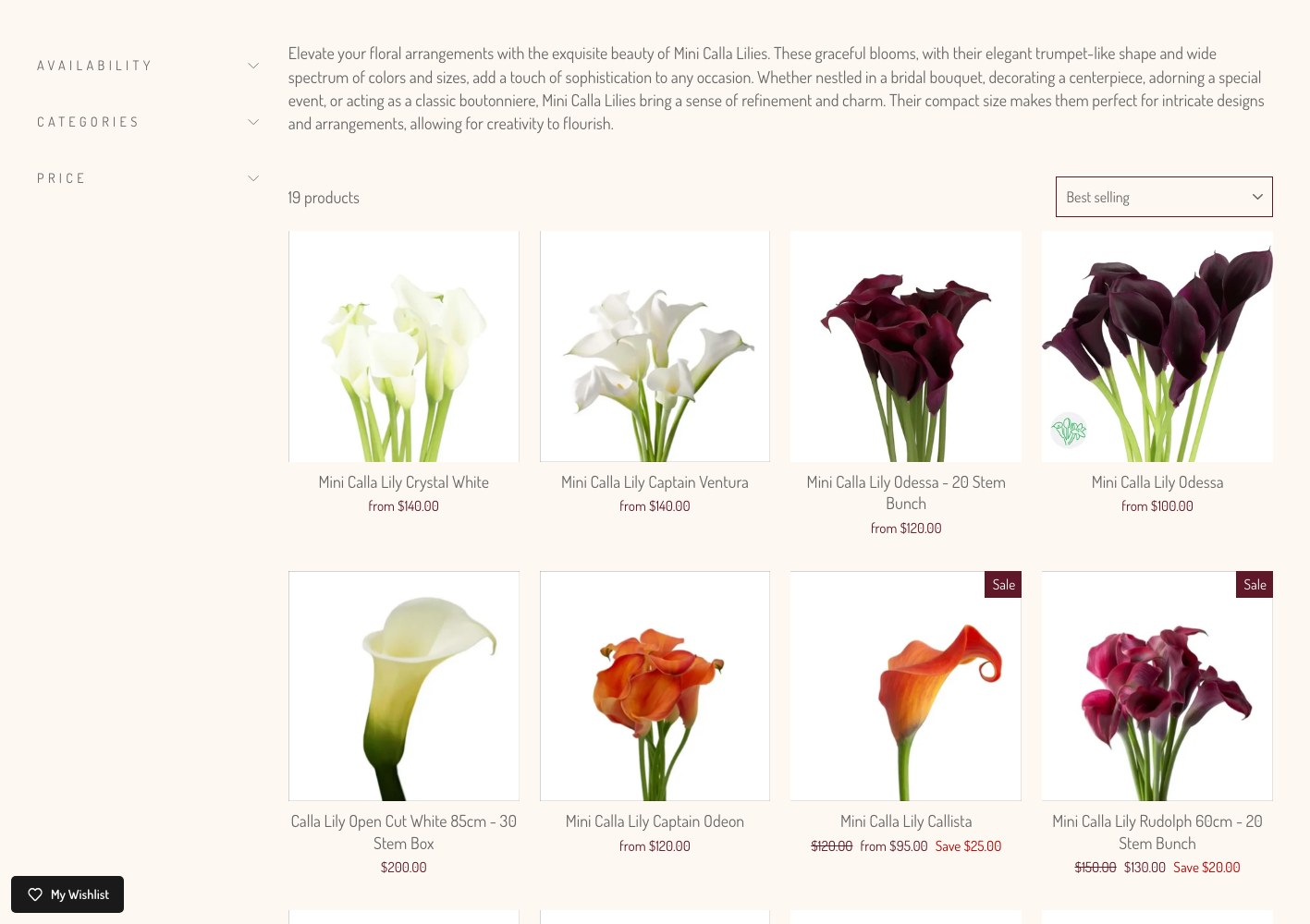 Mini calla lily varieties listed by colour with bunch pricing