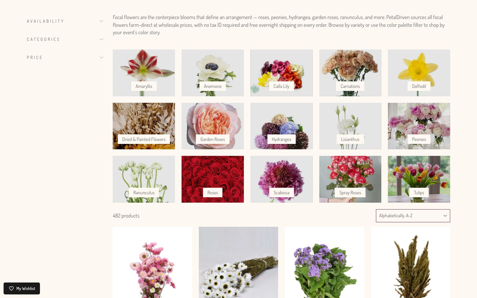 Wholesale catalogue grid with filters and per-stem pricing