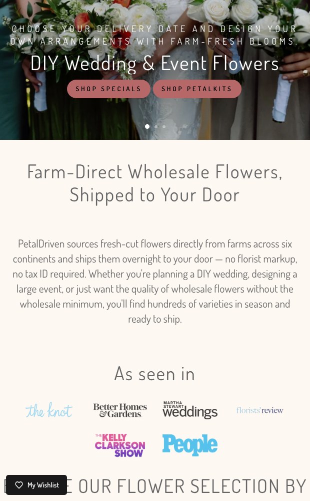 Mobile homepage: DIY wedding and event flowers hero over the farm-direct promise