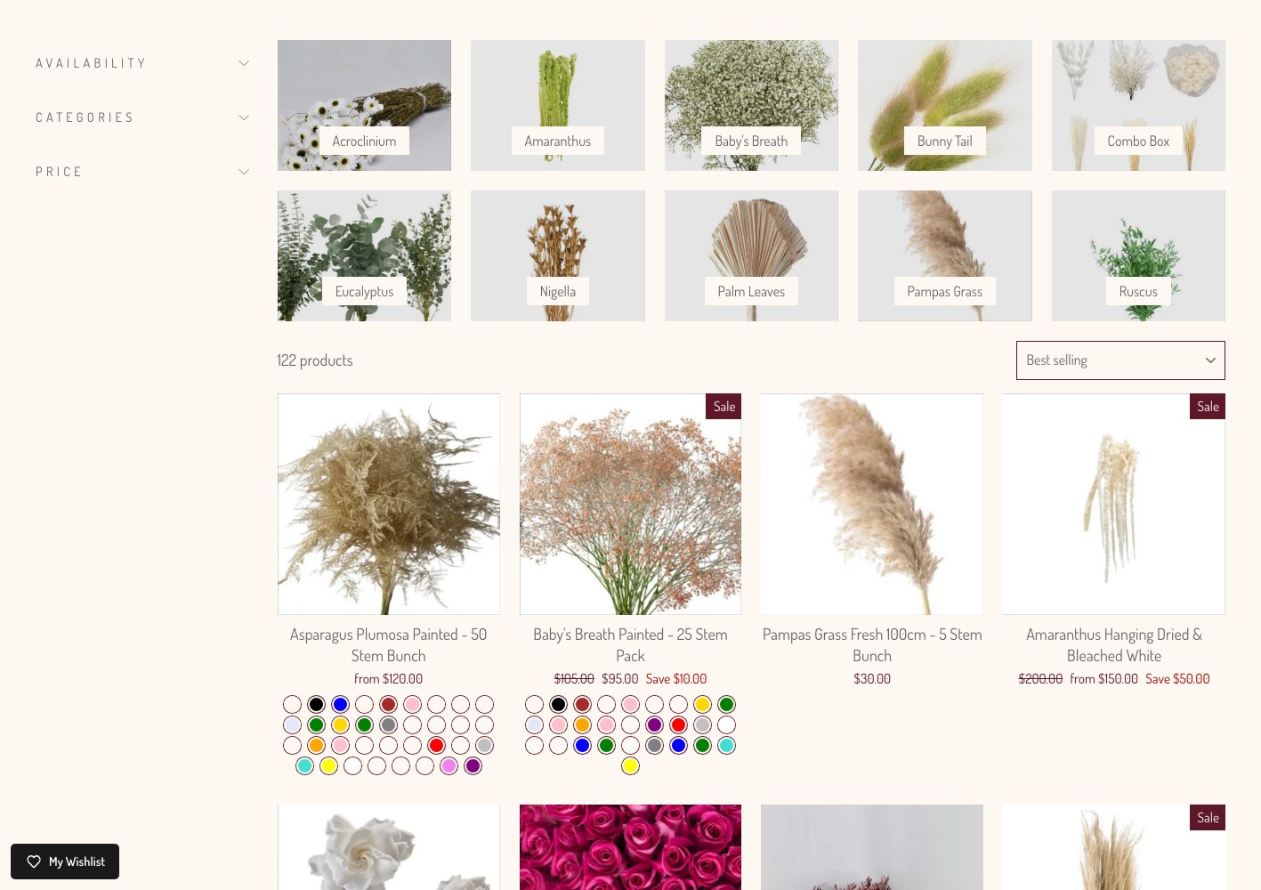 Dried and textural stems catalogue including pampas and bleached foliage
