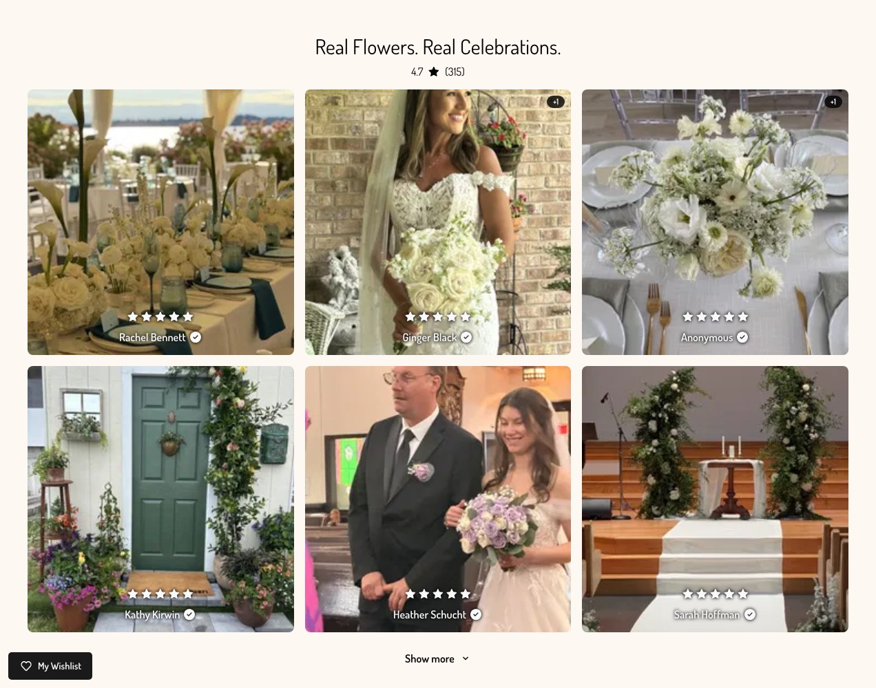 Real Flowers, Real Celebrations wall of customer wedding photography