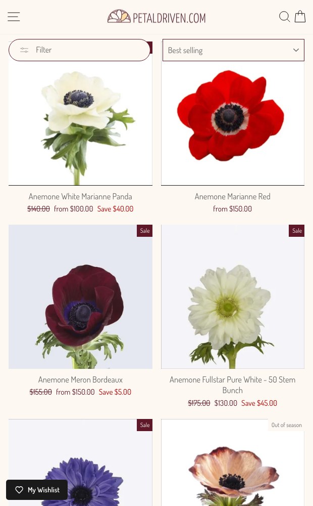 Mobile anemone product listing with filter and sort controls