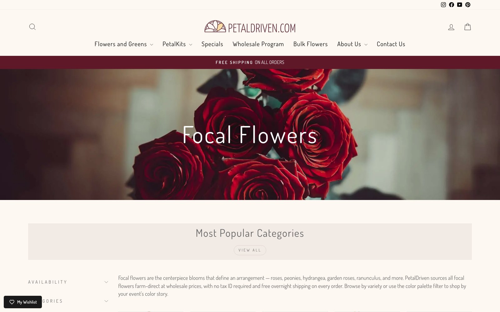 Focal Flowers collection banner over a close-up of roses