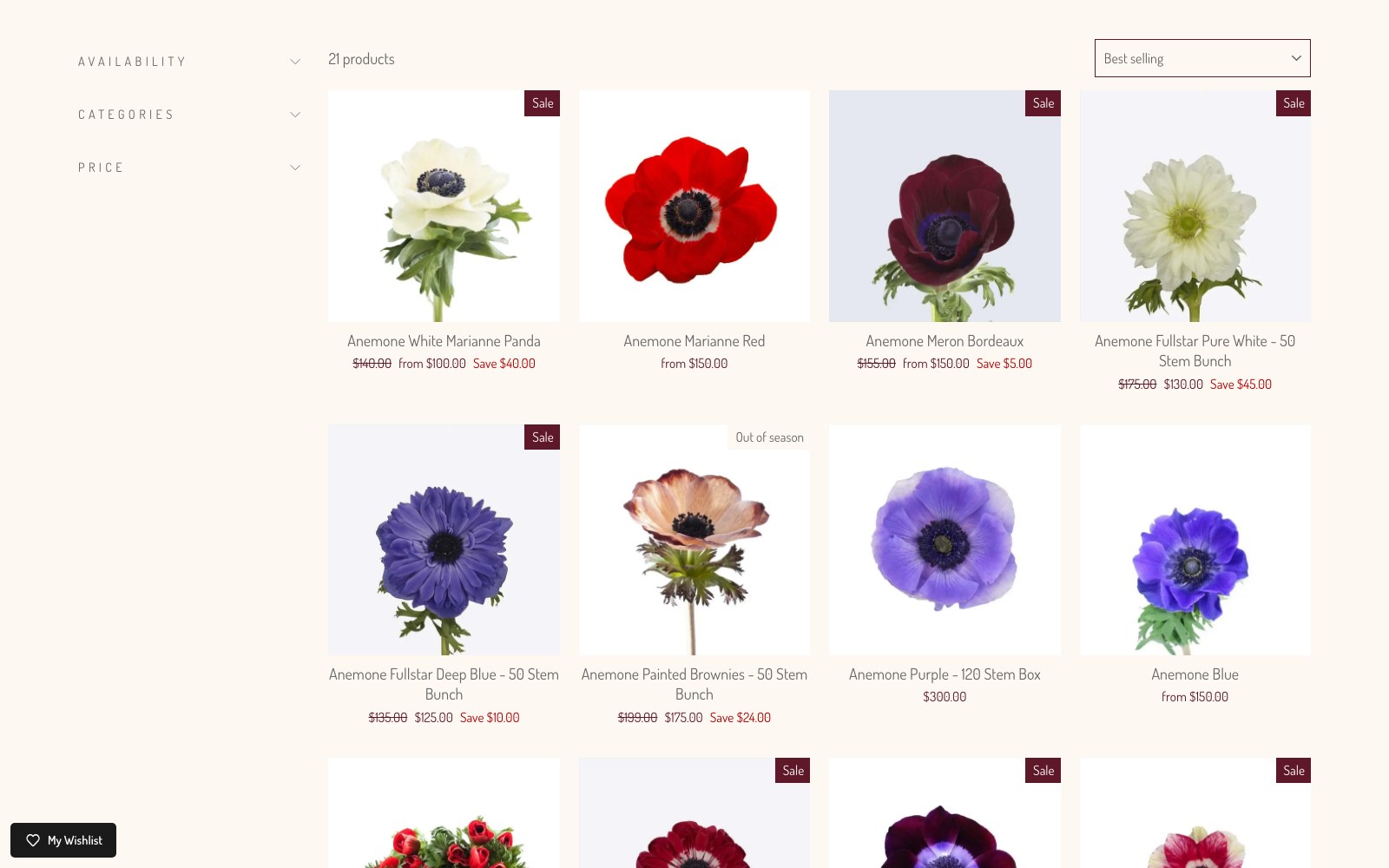 Anemone varieties catalogue grid with per-bunch pricing
