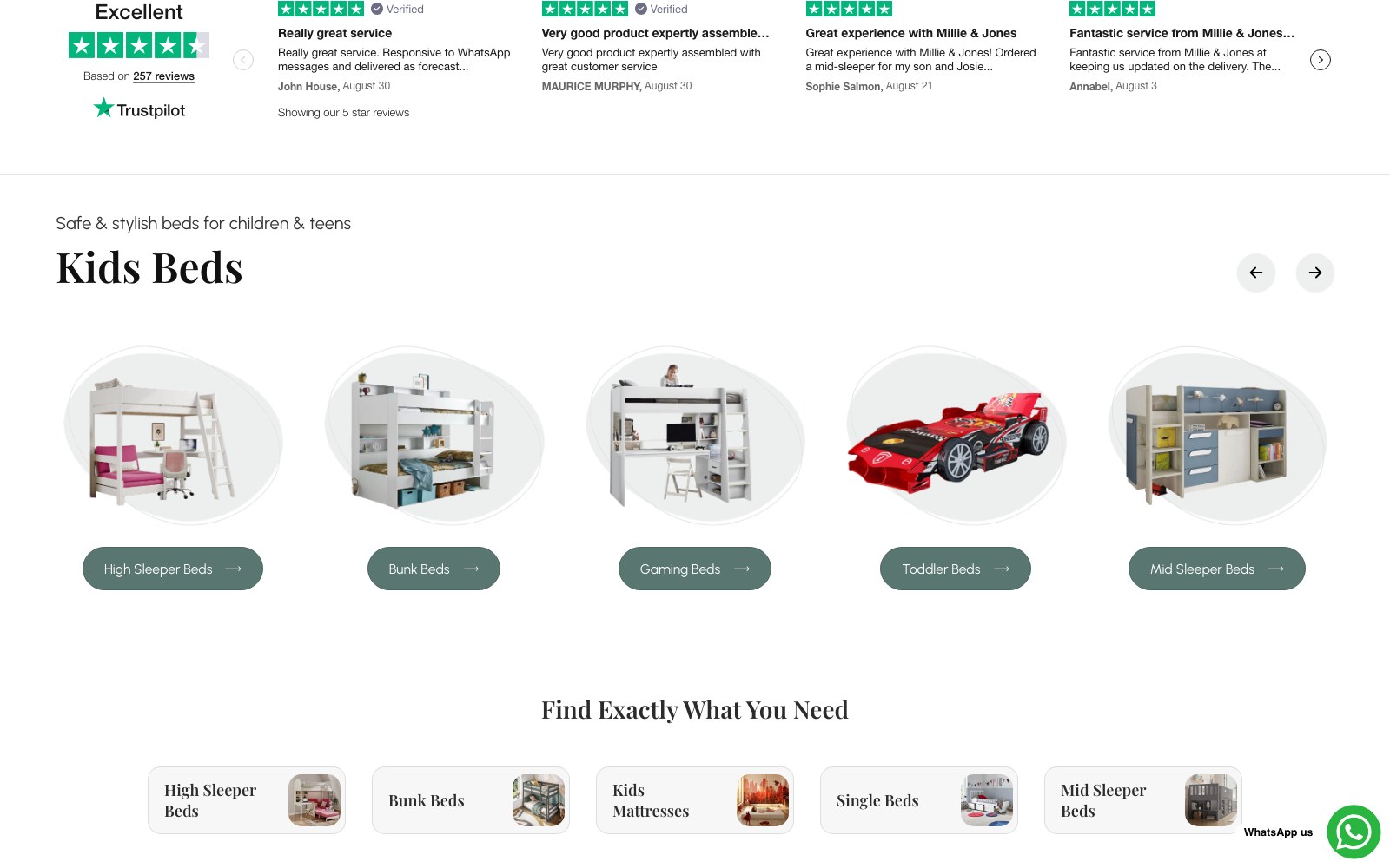Trustpilot review strip above the Kids Beds category chips