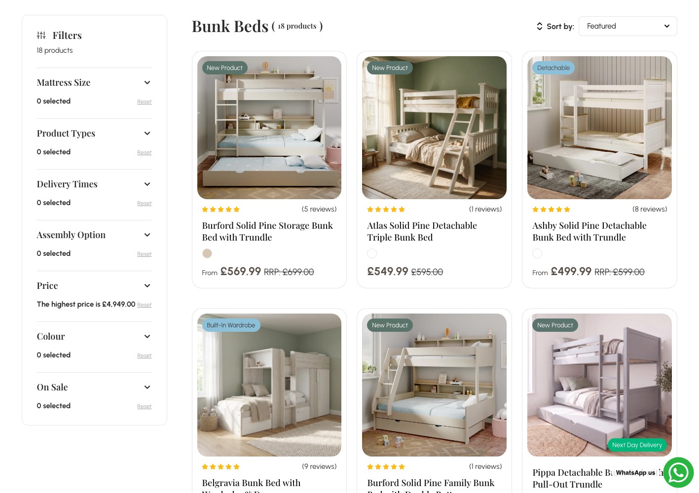Bunk Beds collection page with the six-facet filter rail