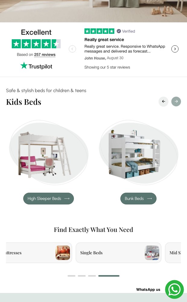 Mobile homepage with reviews and the Kids Beds picker