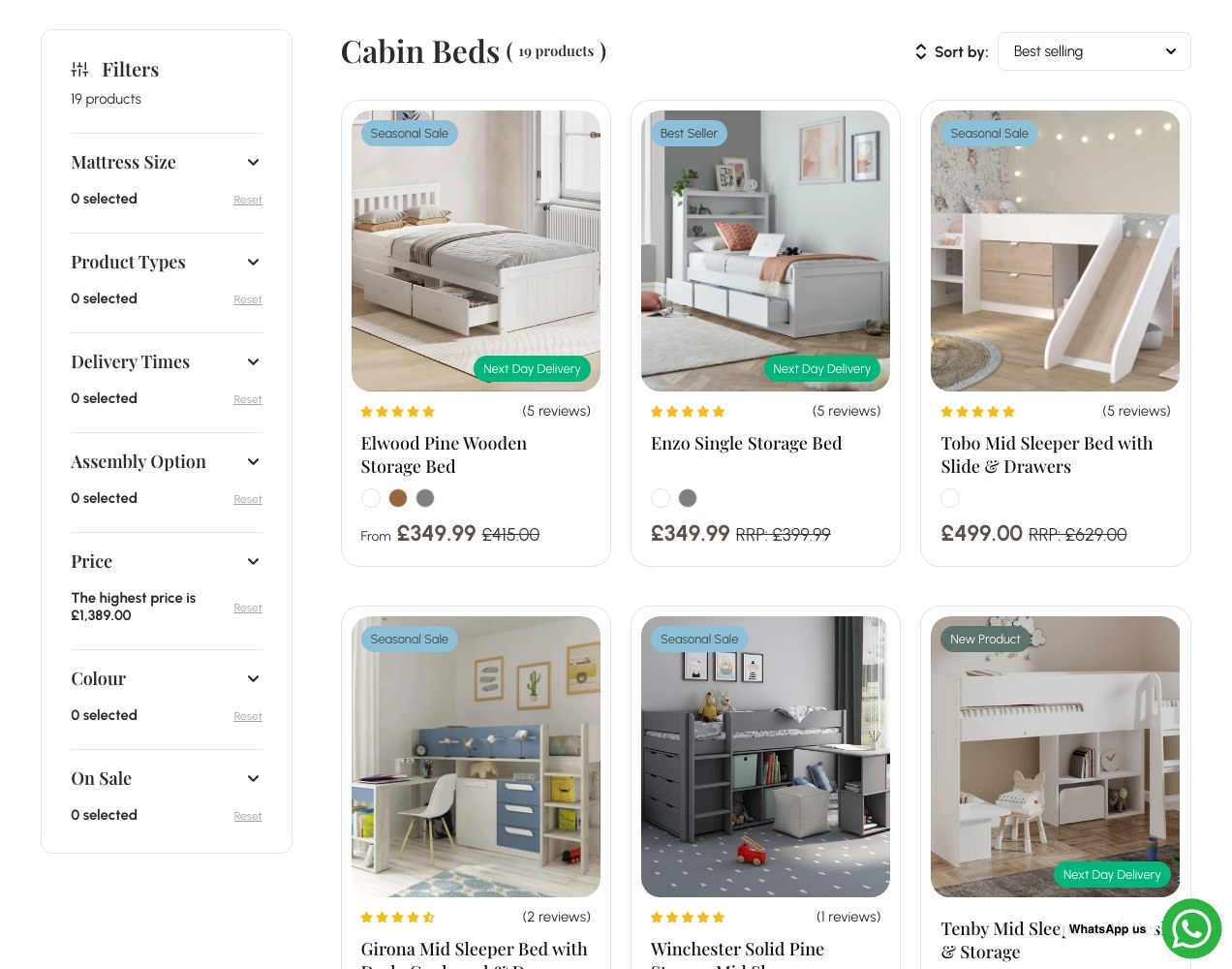 Cabin Beds collection page with sort and filter controls
