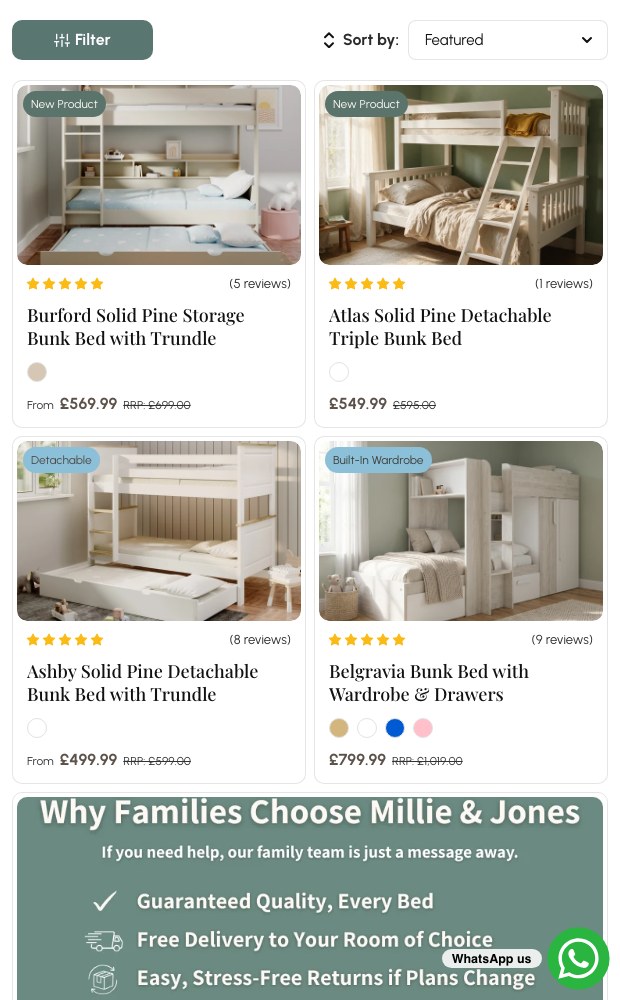 Mobile bunk bed grid with the Why Families Choose card