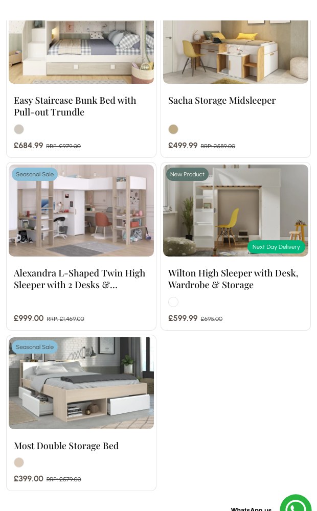 Mobile product grid of storage and mid sleeper beds