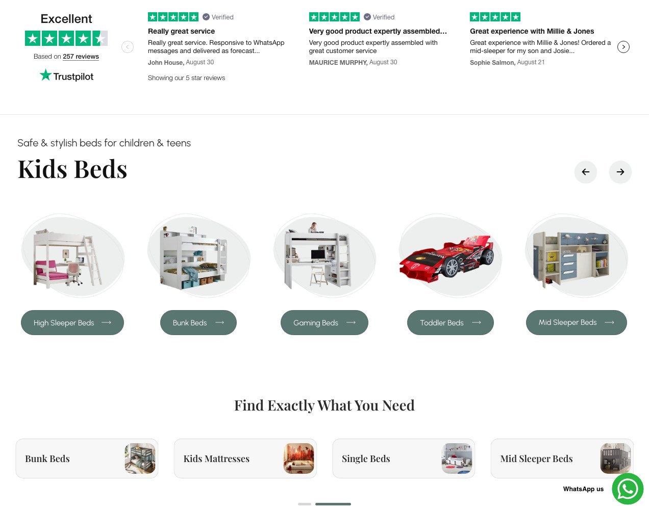 Trustpilot reviews above the Kids Beds category navigation