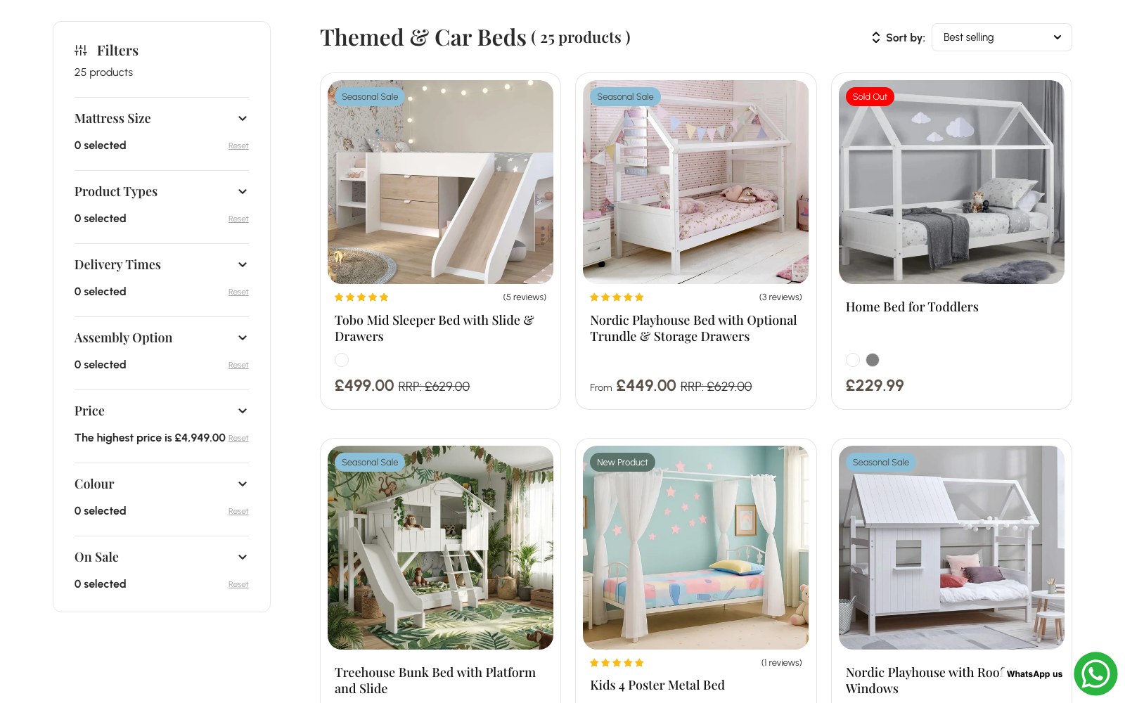 Themed and Car Beds collection page with filters