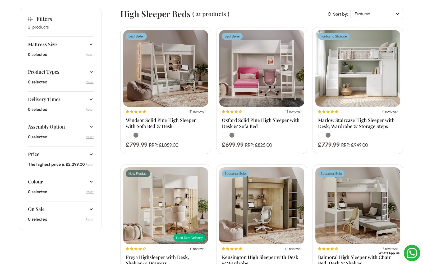 High Sleeper Beds collection page with the six-facet filter rail