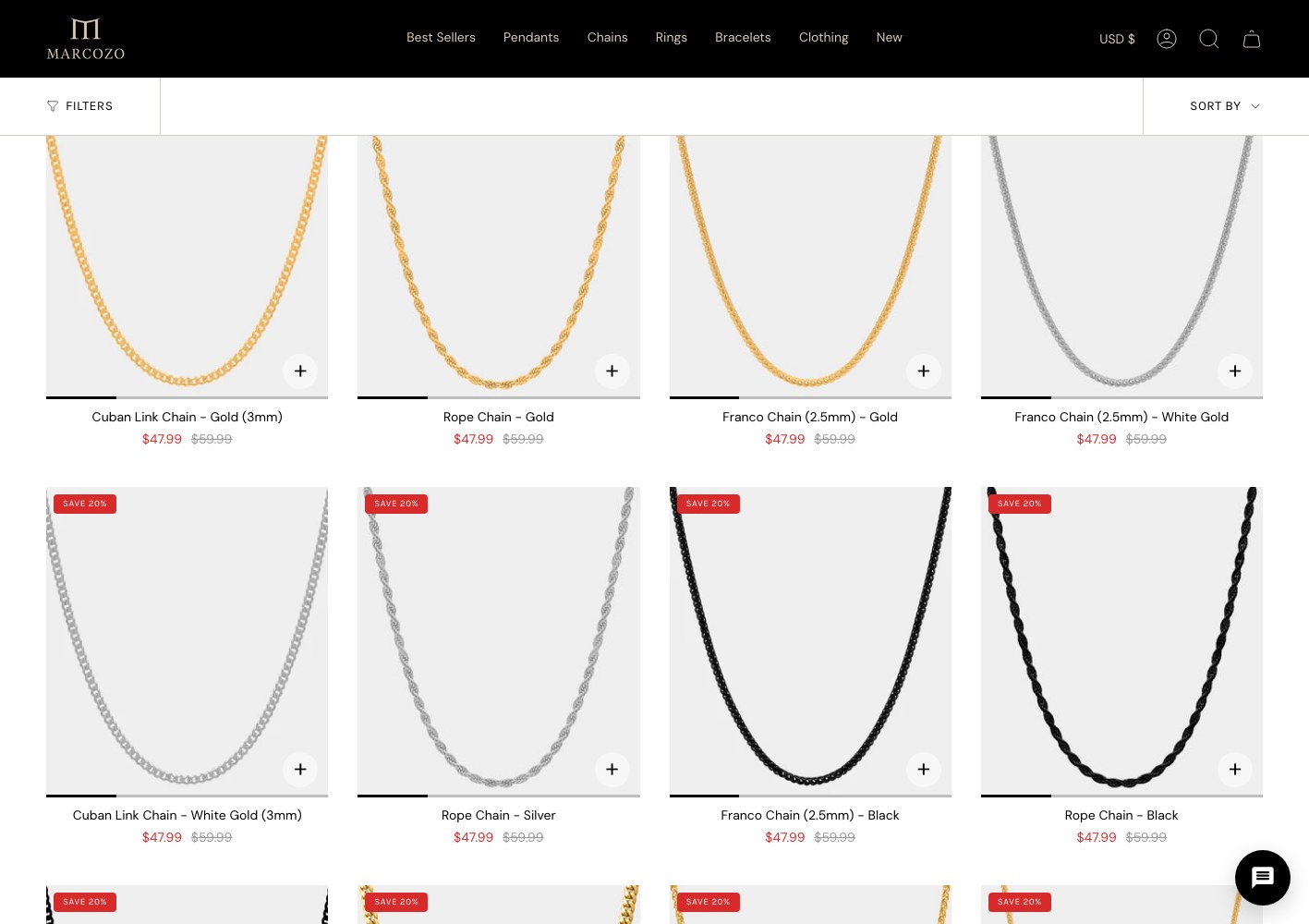 Chains collection grid in gold, silver and black