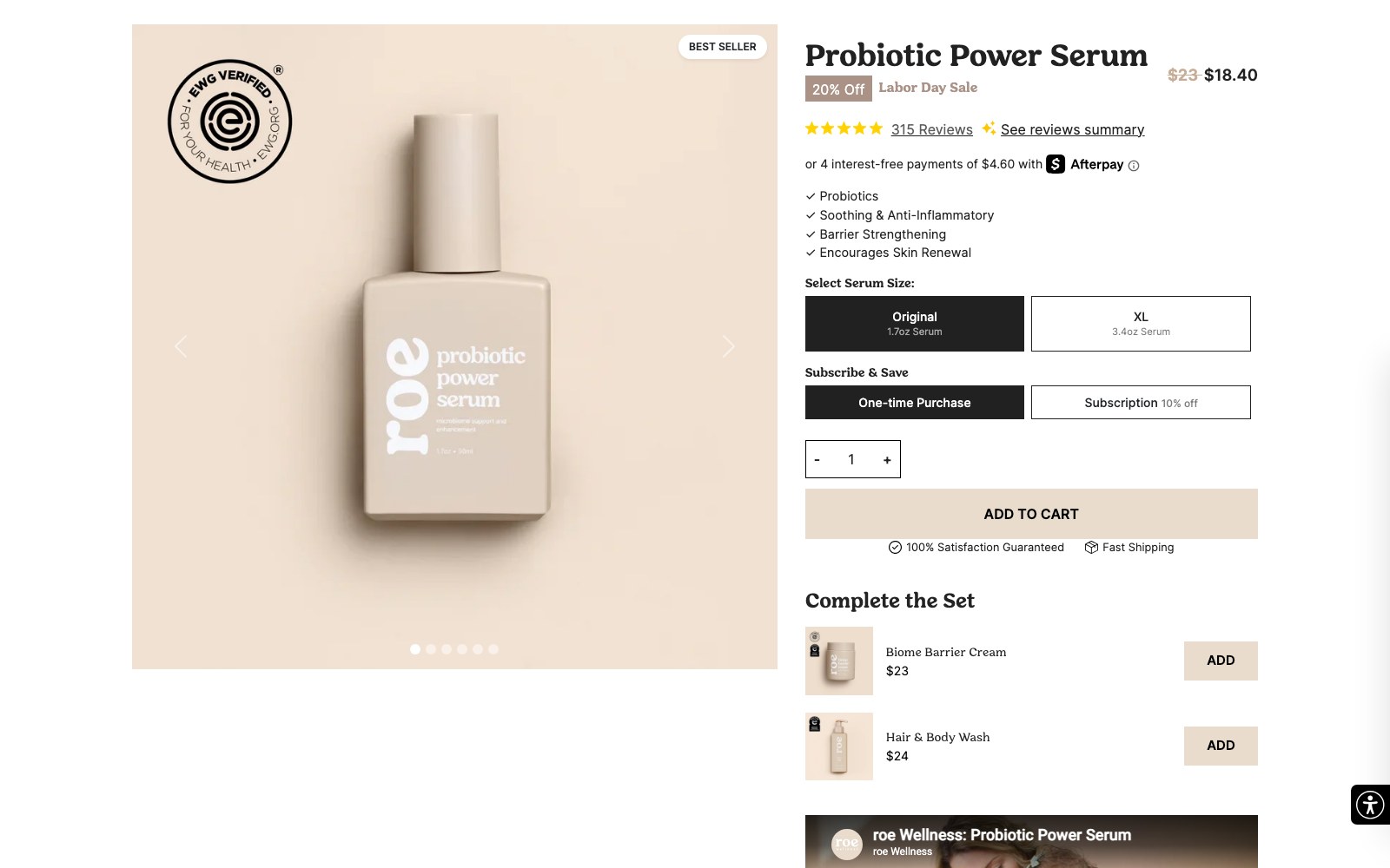 Probiotic Power Serum product page with benefit list and size choice