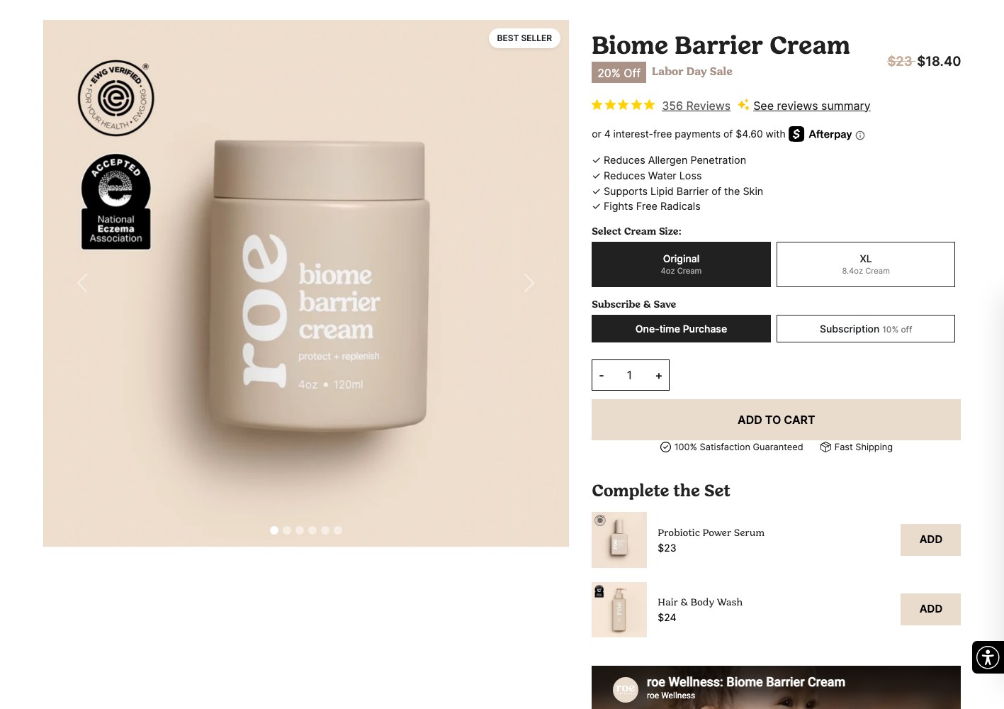 Biome Barrier Cream product page with certifications and cross-sell