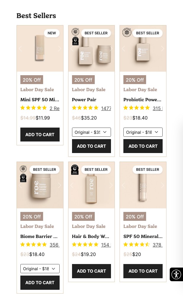 Mobile best sellers grid, two products per row with add-to-cart