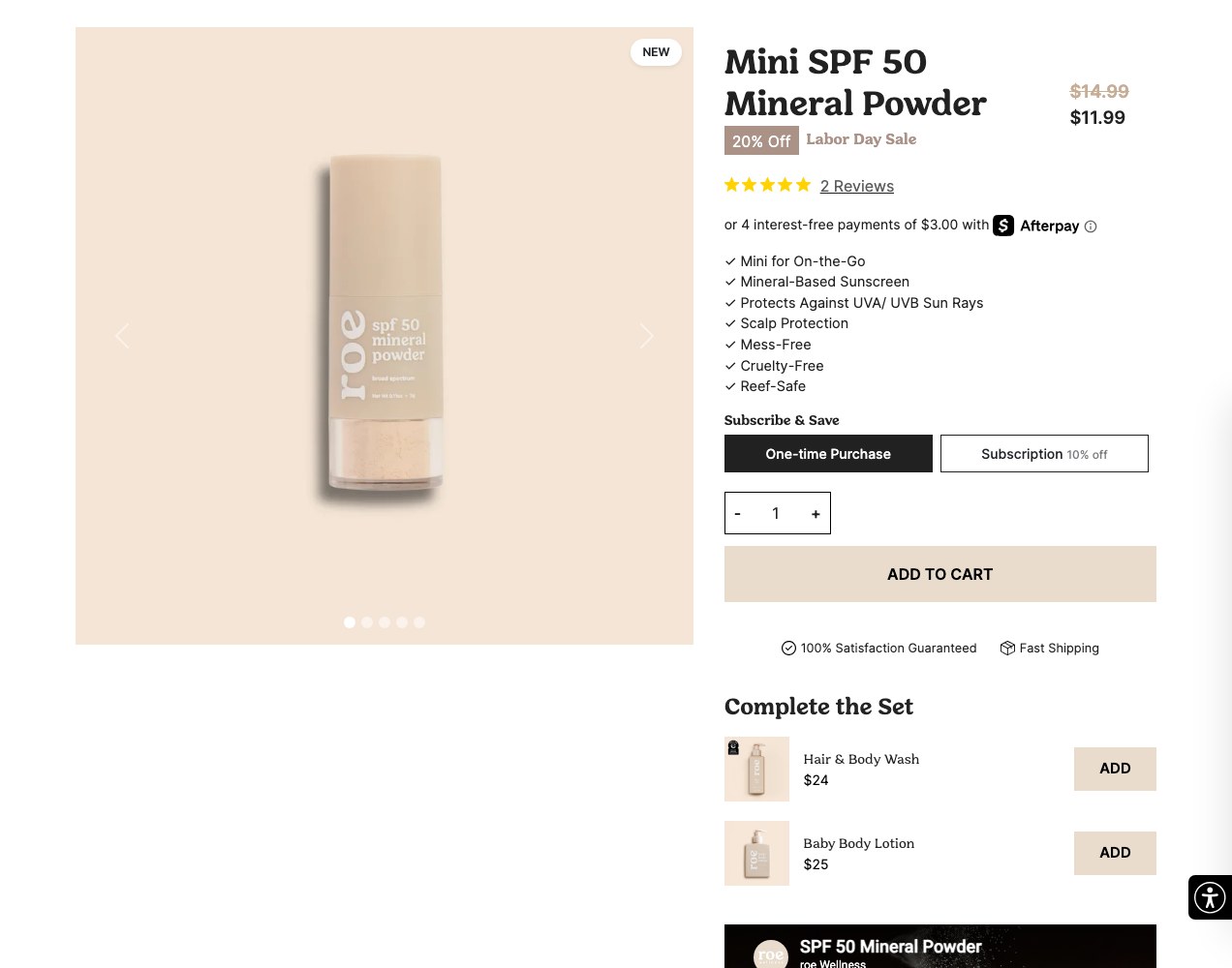 Mini SPF 50 Mineral Powder product page with one-time and subscription pricing