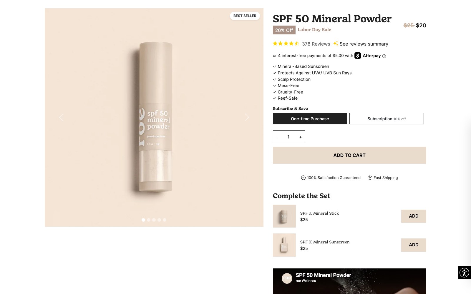 SPF 50 Mineral Powder product page with certifications and set builder