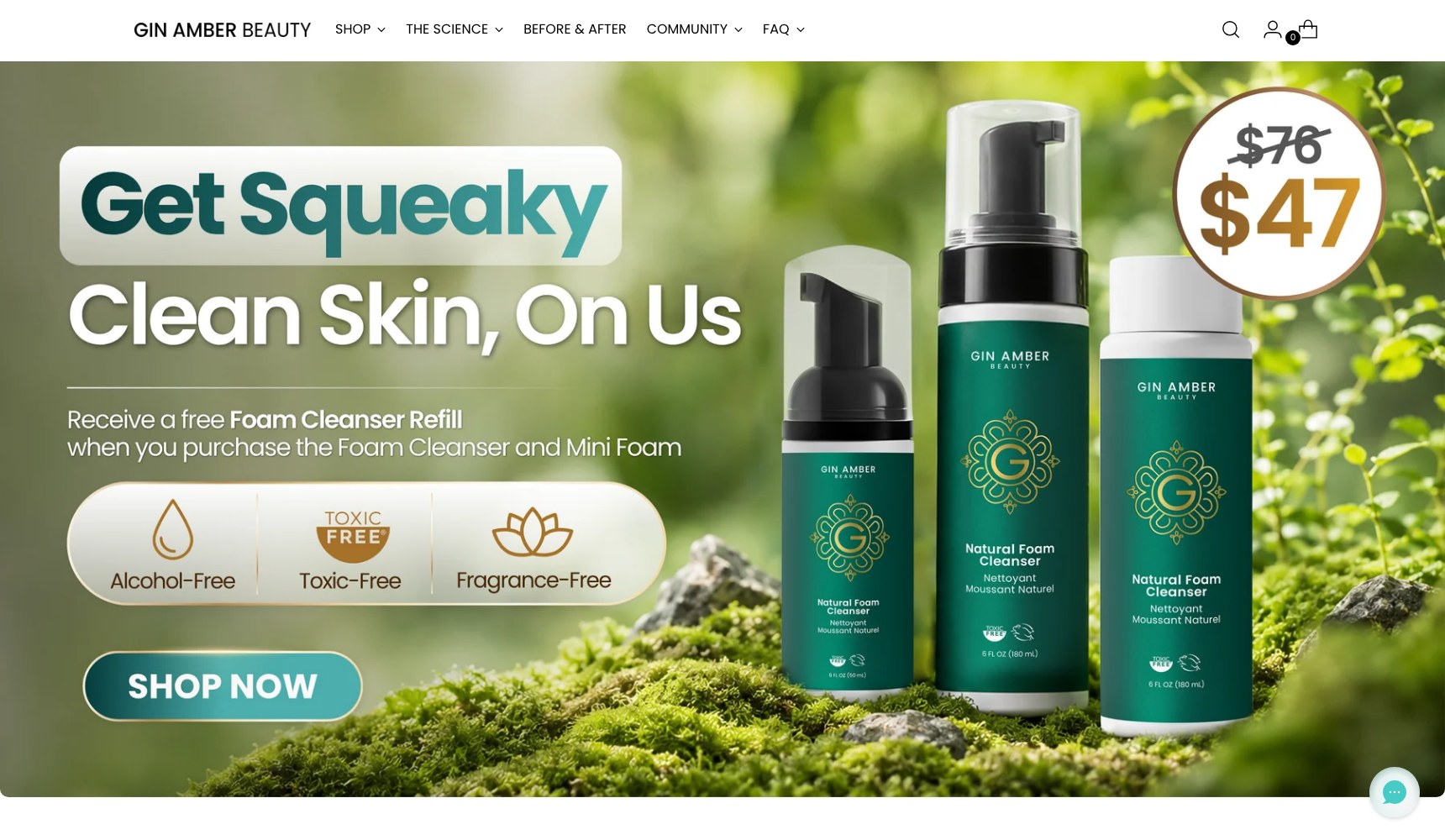 Gin Amber homepage promotion band for the free foam cleanser refill offer