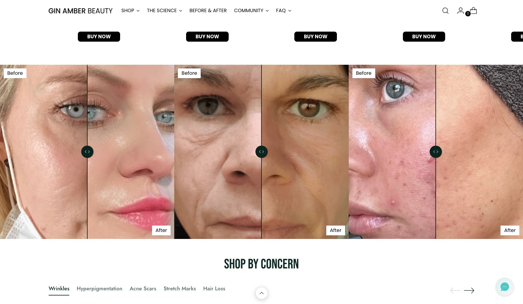 Gin Amber homepage before and after strip above the Shop By Concern entry