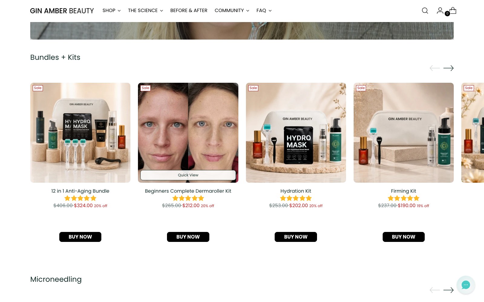 Gin Amber Bundles and Kits grid above the microneedling range