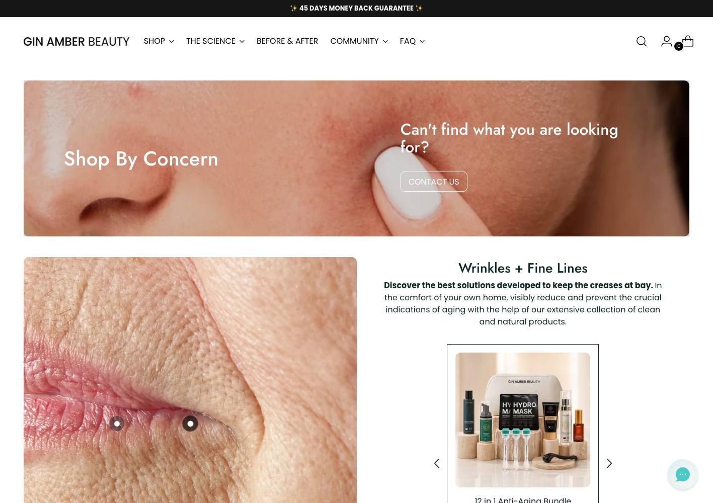 Gin Amber wrinkles and fine lines concern page with skin macro photography