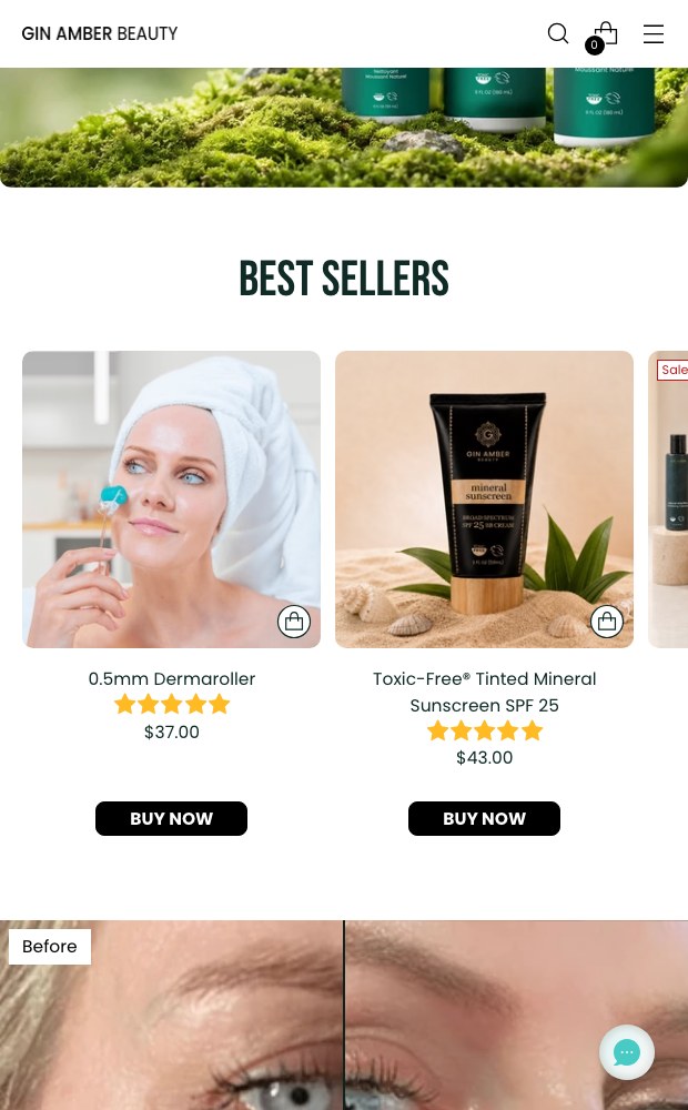 Gin Amber mobile layout — best sellers grid