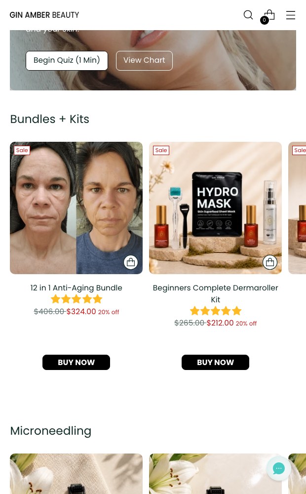 Gin Amber mobile layout — bundles and kits with the quiz entry point