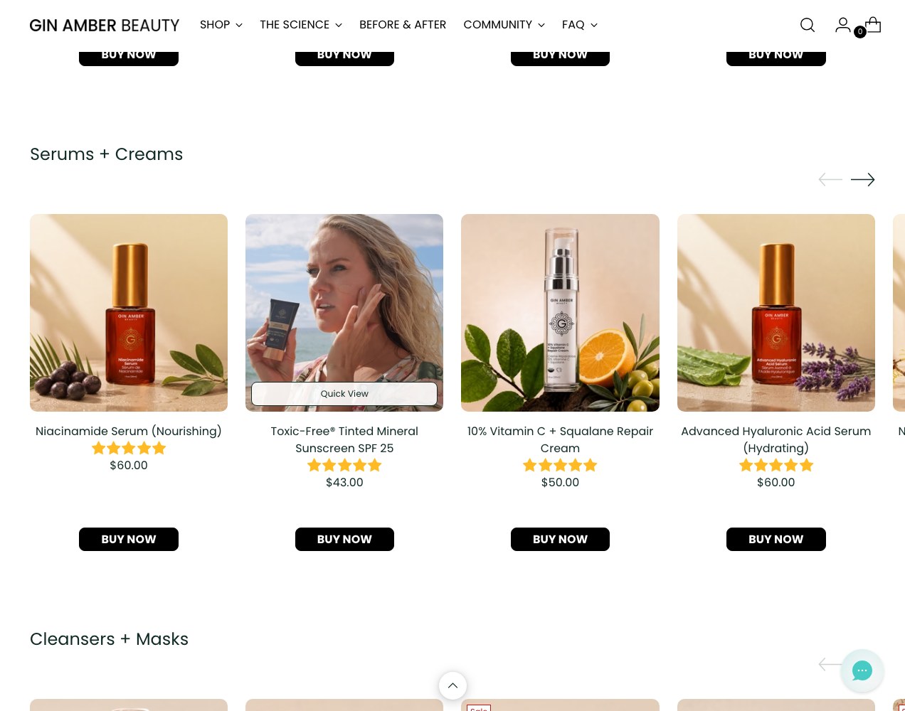 Gin Amber serums, creams and cleansers grouped by product family