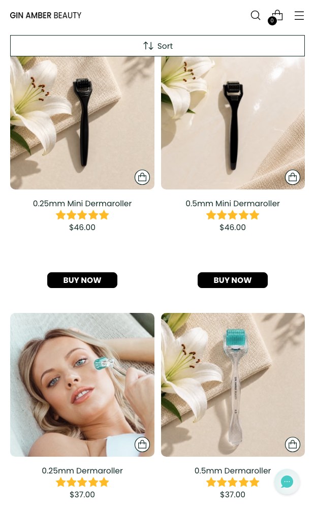 Gin Amber mobile layout — dermaroller range by needle length