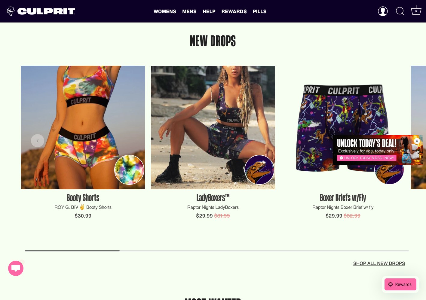 New Drops row with booty shorts, LadyBoxers and boxer briefs