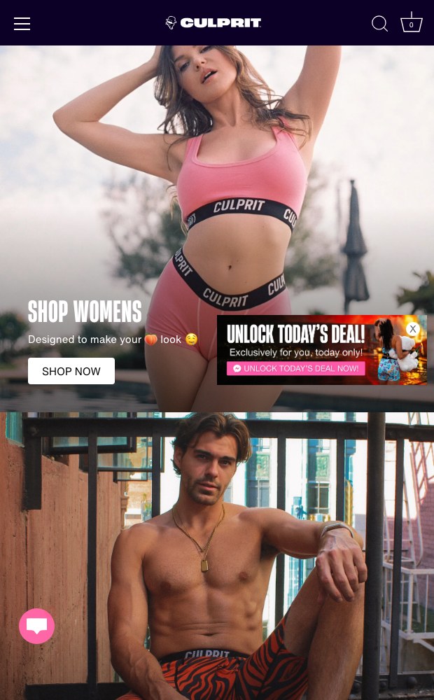 Mobile homepage with the Shop Womens and Shop Mens entry points