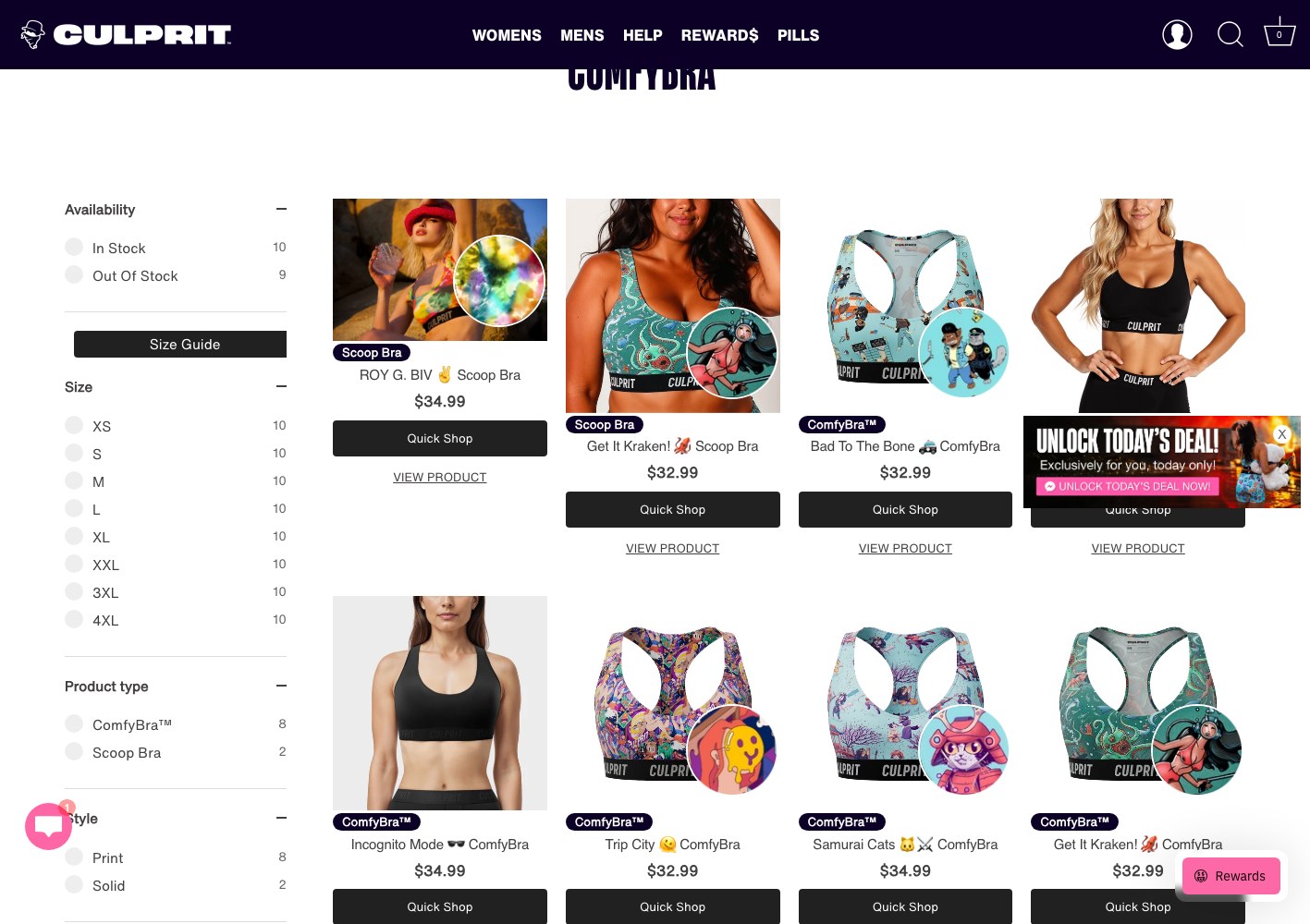 ComfyBra collection page with size and product type filters