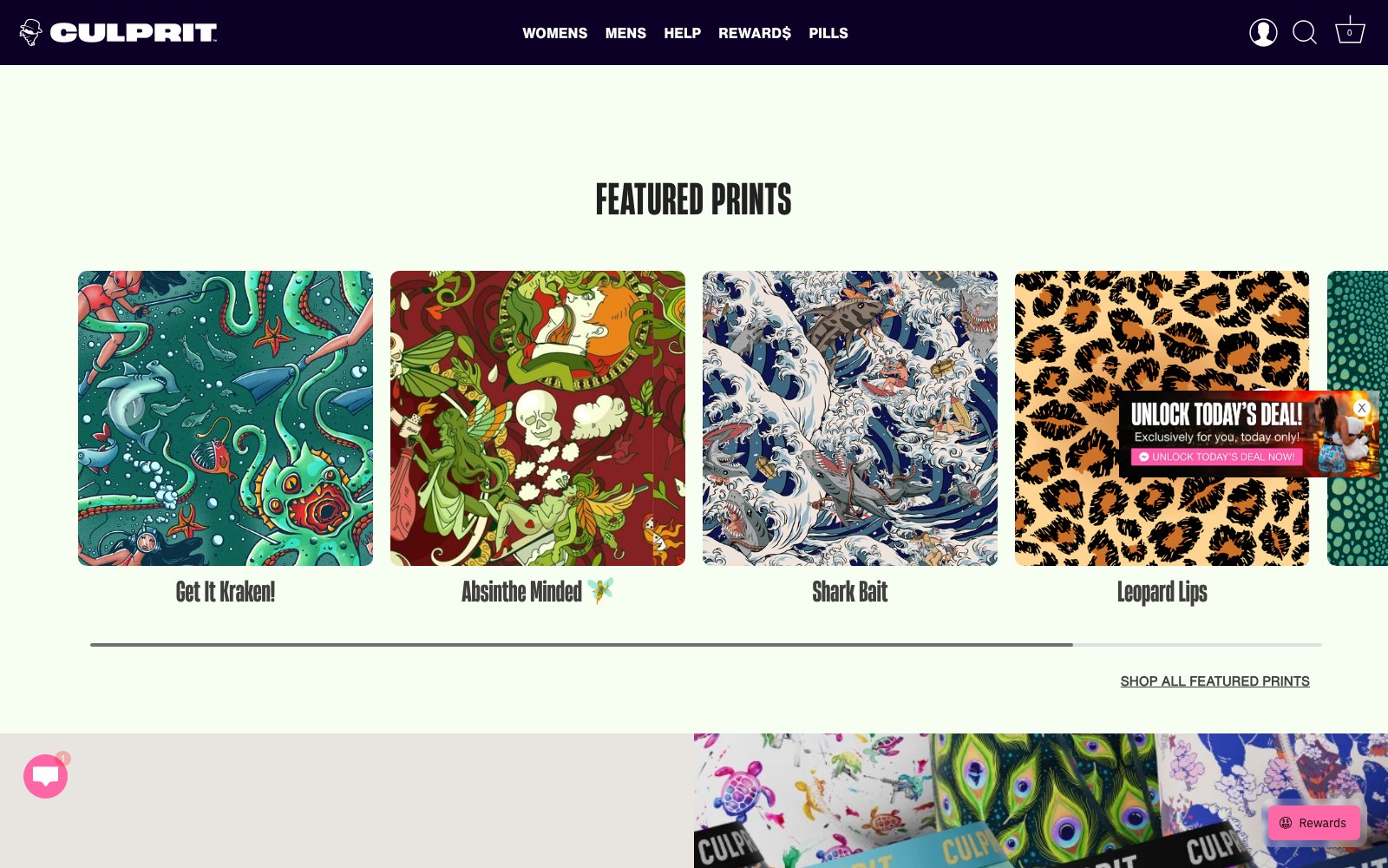 Featured Prints swatch row: kraken, absinthe, shark bait and leopard
