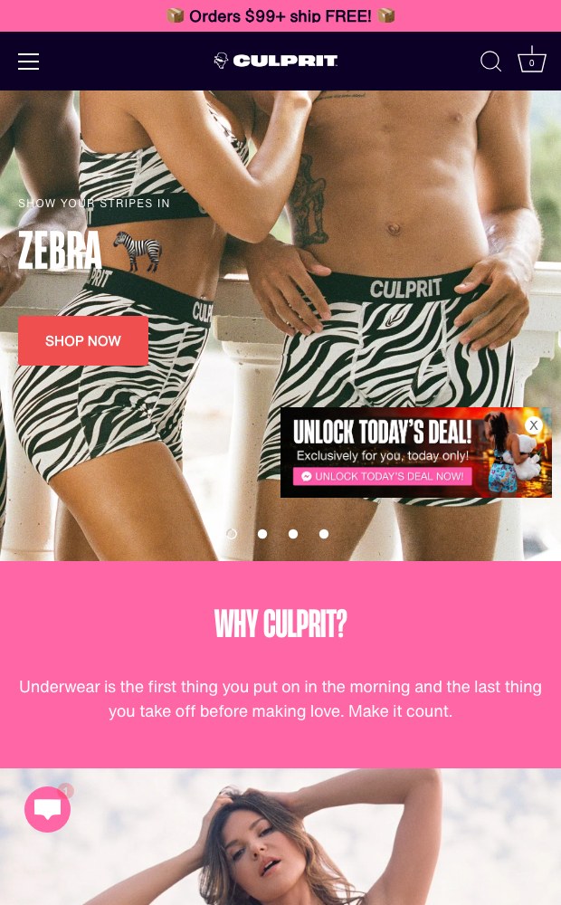 Mobile zebra print banner above the Why Culprit copy block