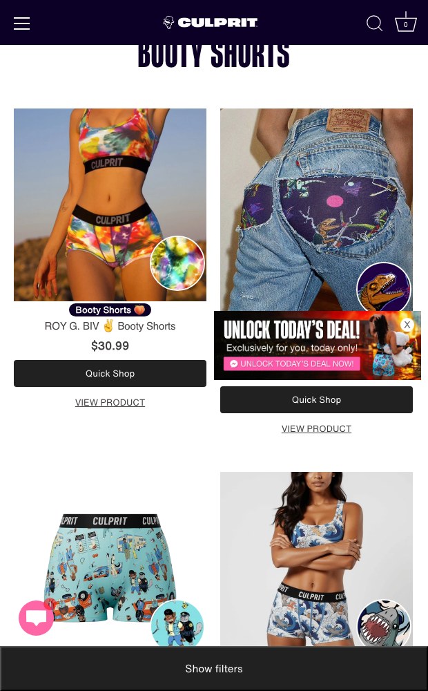 Mobile Booty Shorts collection with quick shop on each tile